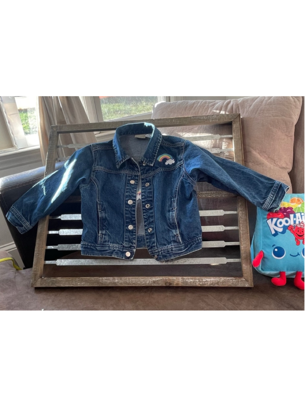Vintage 90's J. Kahki Denim Jacket Rainbow Patch Kidcore Indie Girls Size 5